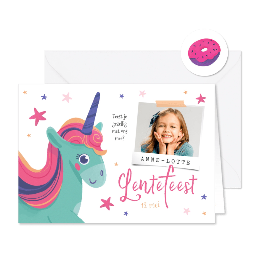 Lentefeest uitnodiging unicorn sterren foto - Kaartimpressie