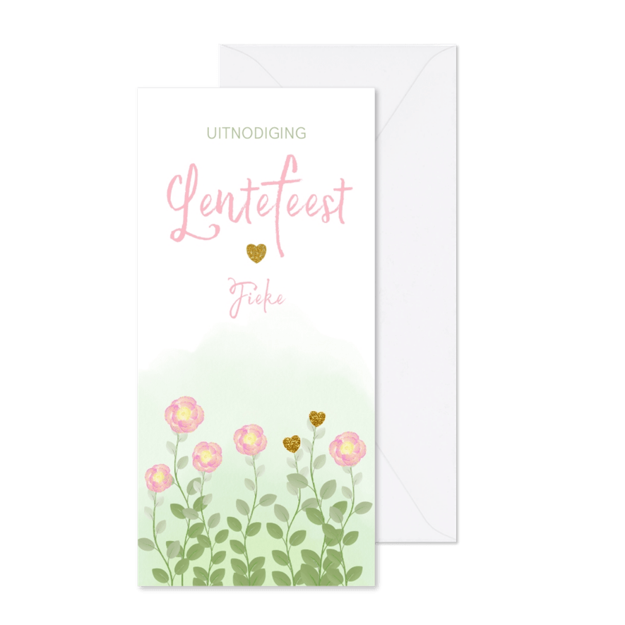 Lentefeest uitnodiging waterverf bloemen en hartjes - Kaartimpressie