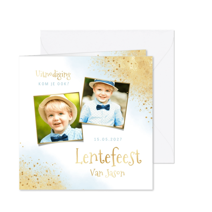 Lentefeest uitnodiging waterverf goud foto blauw - Kaartimpressie