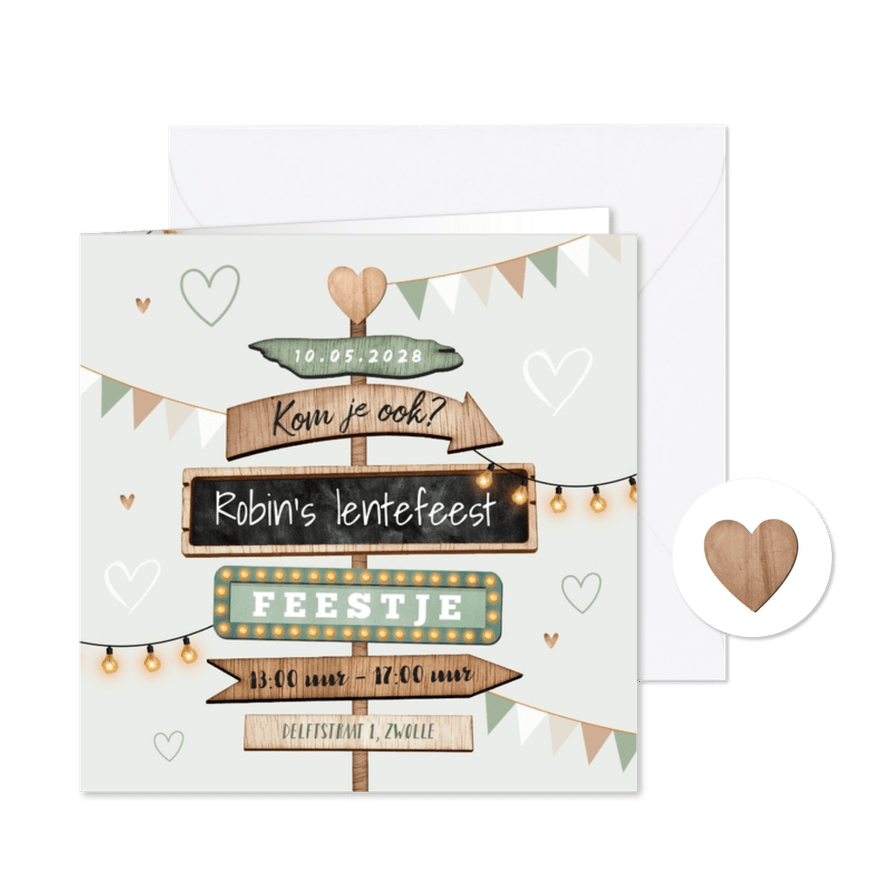 Lentefeest uitnodiging wegwijzers hout slingers hartjes - Kaartimpressie