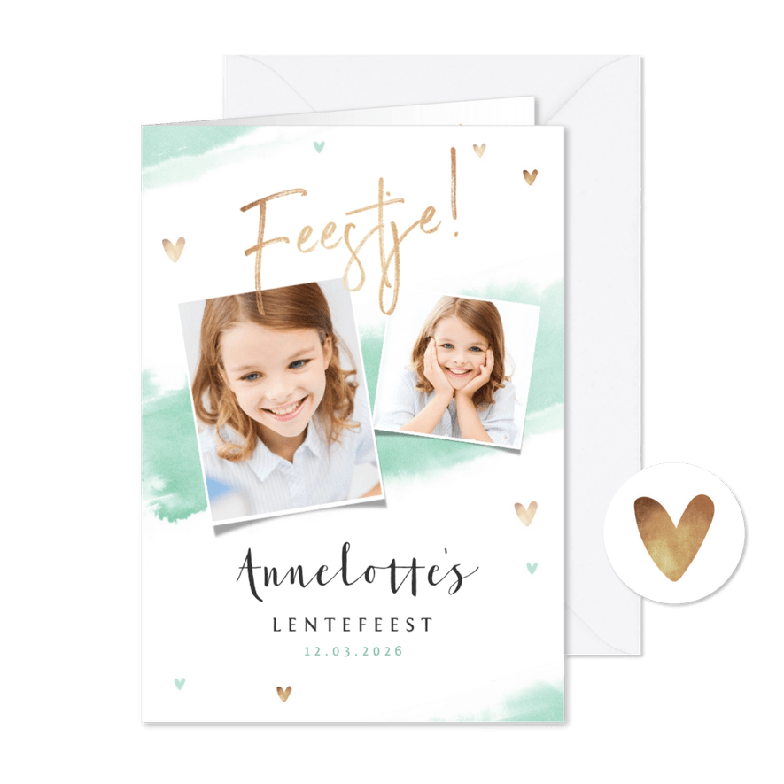 Lentefeest uitnodigingskaart meisje gouden hartjes waterverf - Kaartimpressie