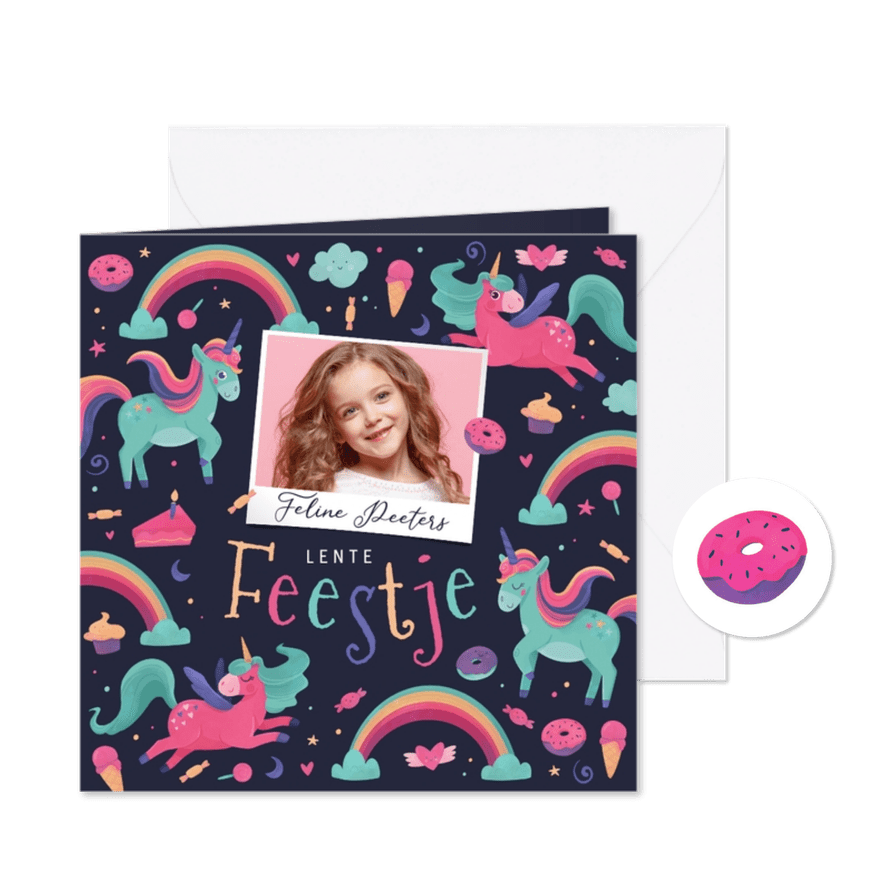 Lentefeest uitnodigingskaart unicorn magic foto snoep confet - Kaartimpressie