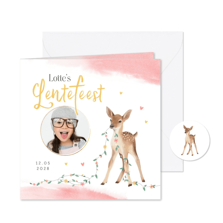 Lentefeestje hertje waterverf roze bloemen hartjes foto - Kaartimpressie