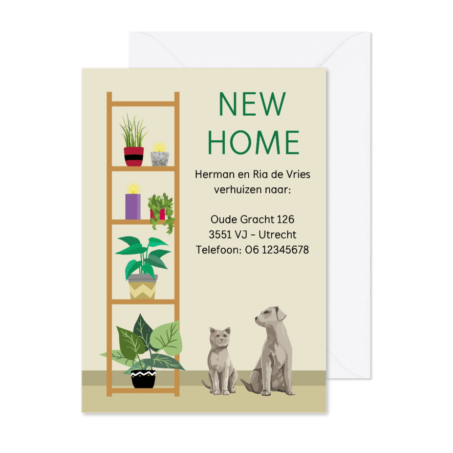 Leuk en vlot verhuisbericht met planten, hond en poes - Kaartimpressie
