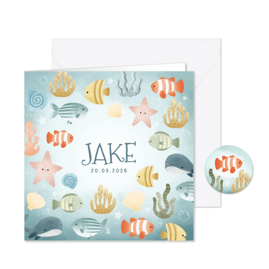 Leuk geboortekaartjes met visjes plantjes belletjes oceaan - Kaartimpressie