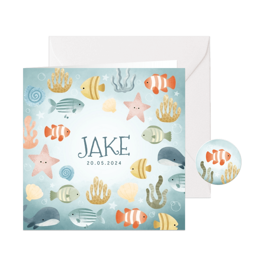 Leuk geboortekaartjes met visjes plantjes belletjes oceaan - Kaartimpressie