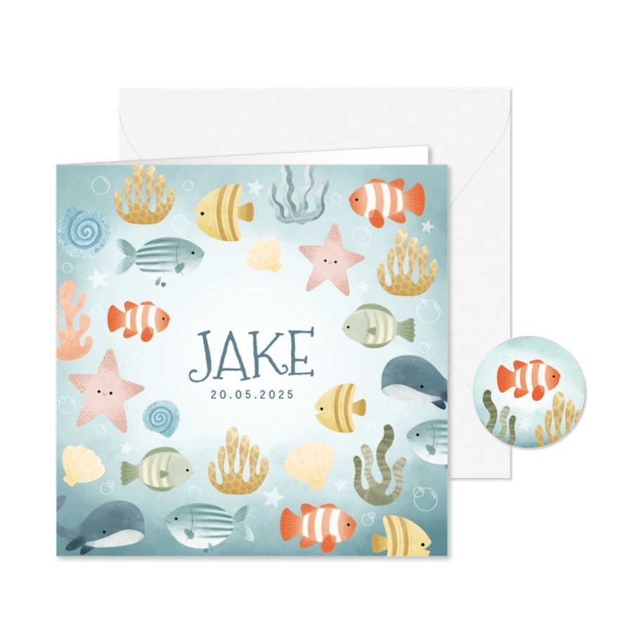 Leuk geboortekaartjes met visjes plantjes belletjes oceaan - Kaartimpressie