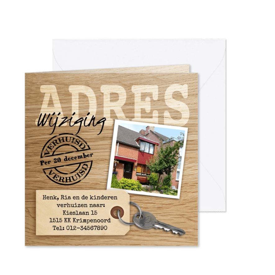 Leuke adreswijziging met sleutel hout en eigen foto - Kaartimpressie