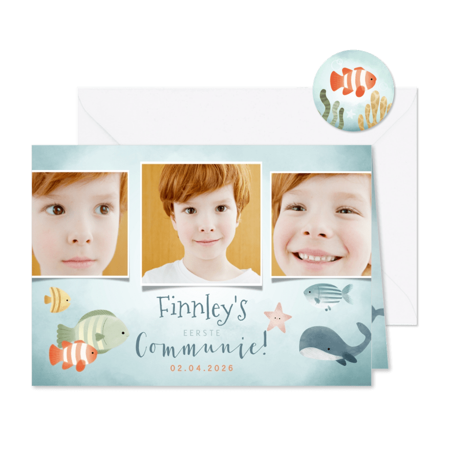 Leuke bedankkaart eerste communie met zee-thema en vissen - Kaartimpressie