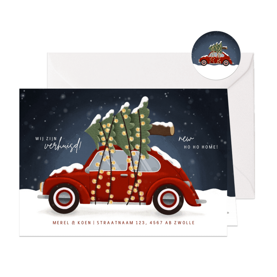 Leuke kerst verhuiskaart met oude Volkswagen en kerstboom - Kaartimpressie