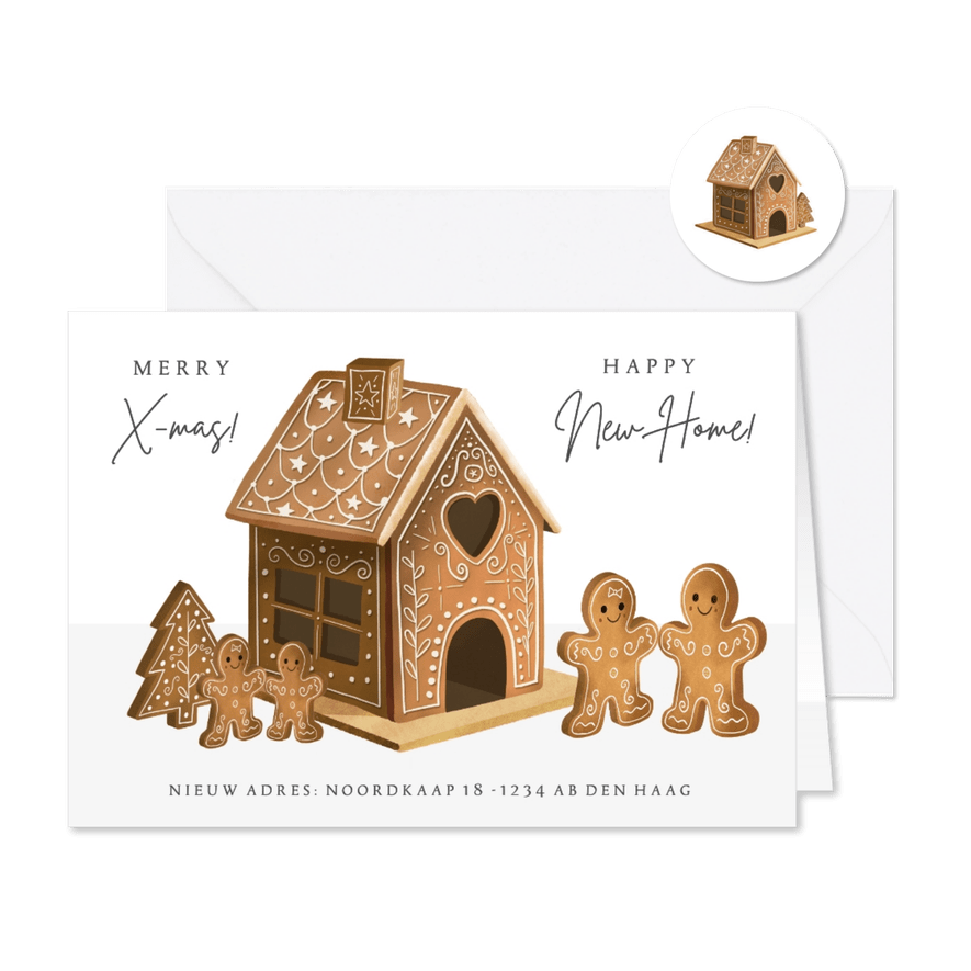 Leuke kerst verhuiskaart met peperkoekhuisje voor een gezin - Kaartimpressie