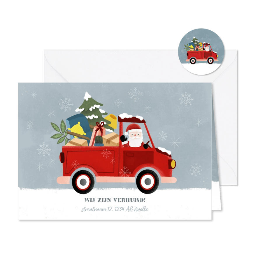 Leuke kerst verhuiskaart met verhuisauto en kerstman - Kaartimpressie