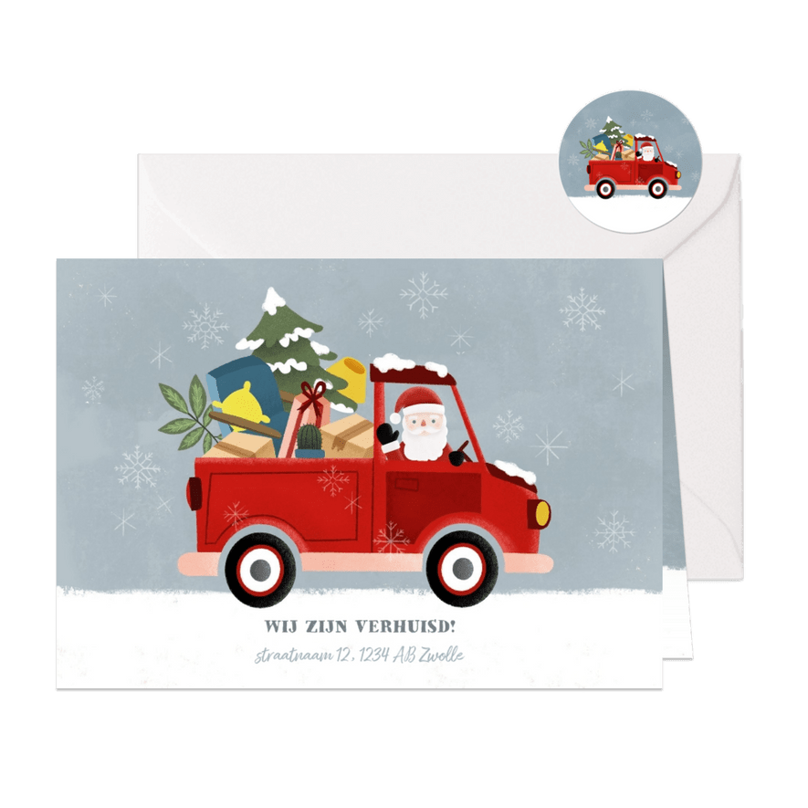 Leuke kerst verhuiskaart met verhuisauto en kerstman - Kaartimpressie