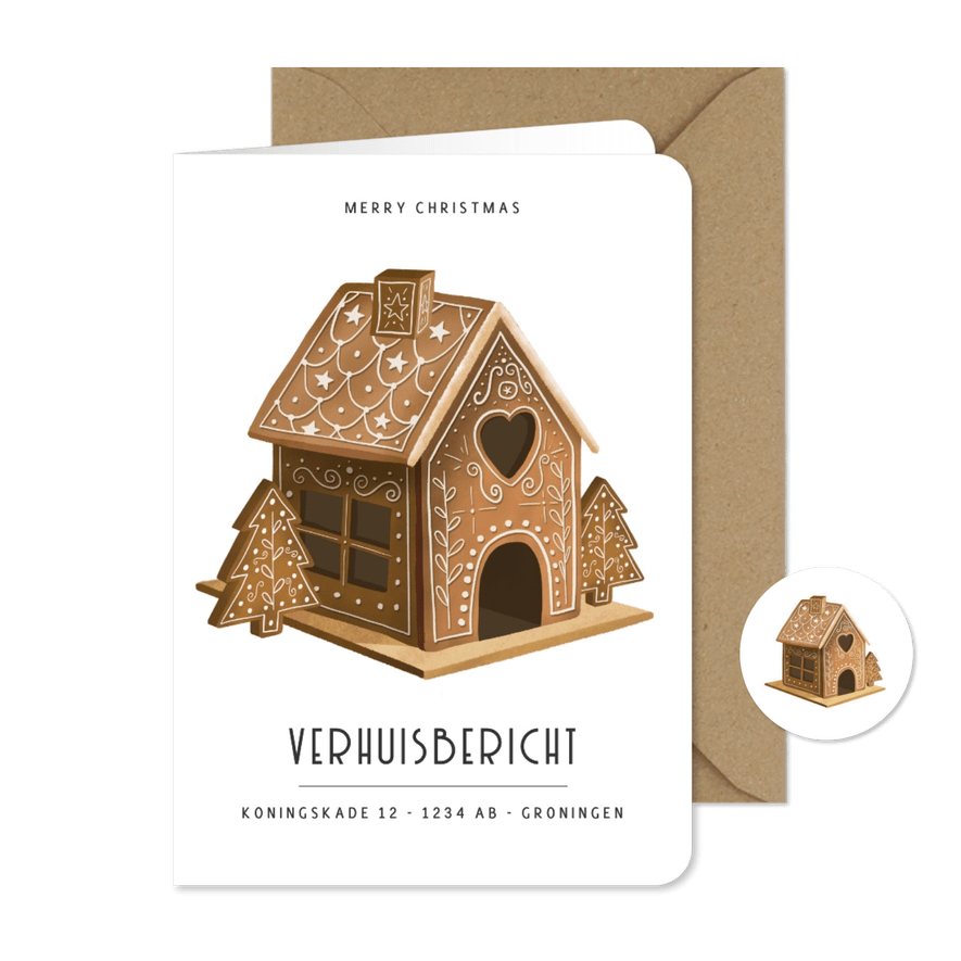 Leuke kerstkaart en verhuisbericht - peperkoekhuisje - Kaartimpressie