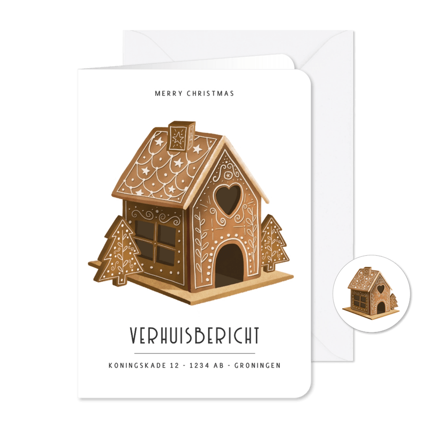 Leuke kerstkaart en verhuisbericht - peperkoekhuisje - Kaartimpressie