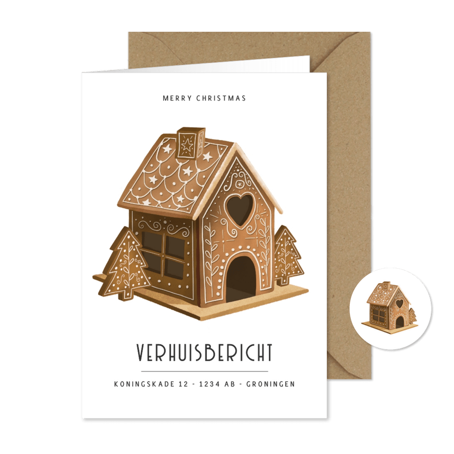 Leuke kerstkaart en verhuisbericht - peperkoekhuisje - Kaartimpressie