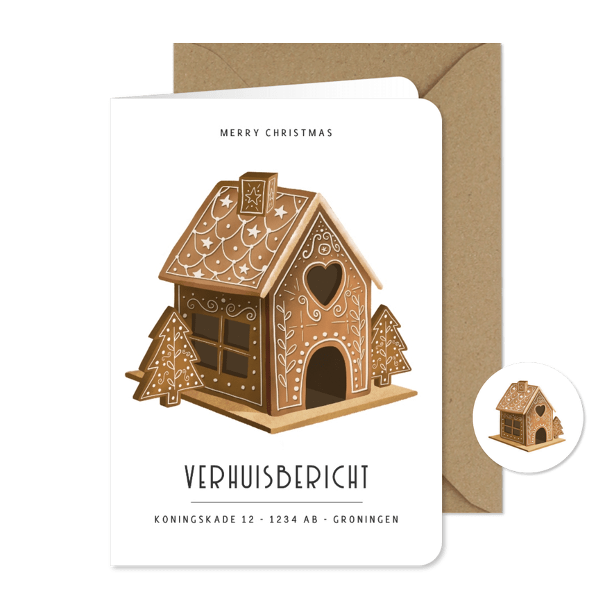 Leuke kerstkaart en verhuisbericht - peperkoekhuisje - Kaartimpressie