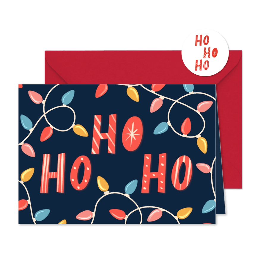 Leuke kerstkaart ho ho ho met kerstlichtjes - Kaartimpressie