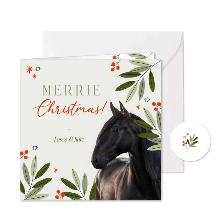 Leuke kerstkaart merrie christmas met paard en bladeren - Kaartimpressie