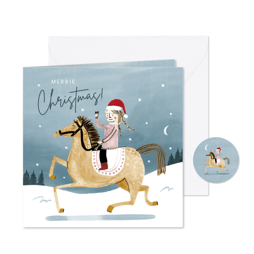 Leuke kerstkaart merrie christmas paard en meisje in sneeuw - Kaartimpressie