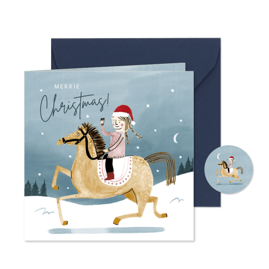 Leuke kerstkaart merrie christmas paard en meisje in sneeuw - Kaartimpressie