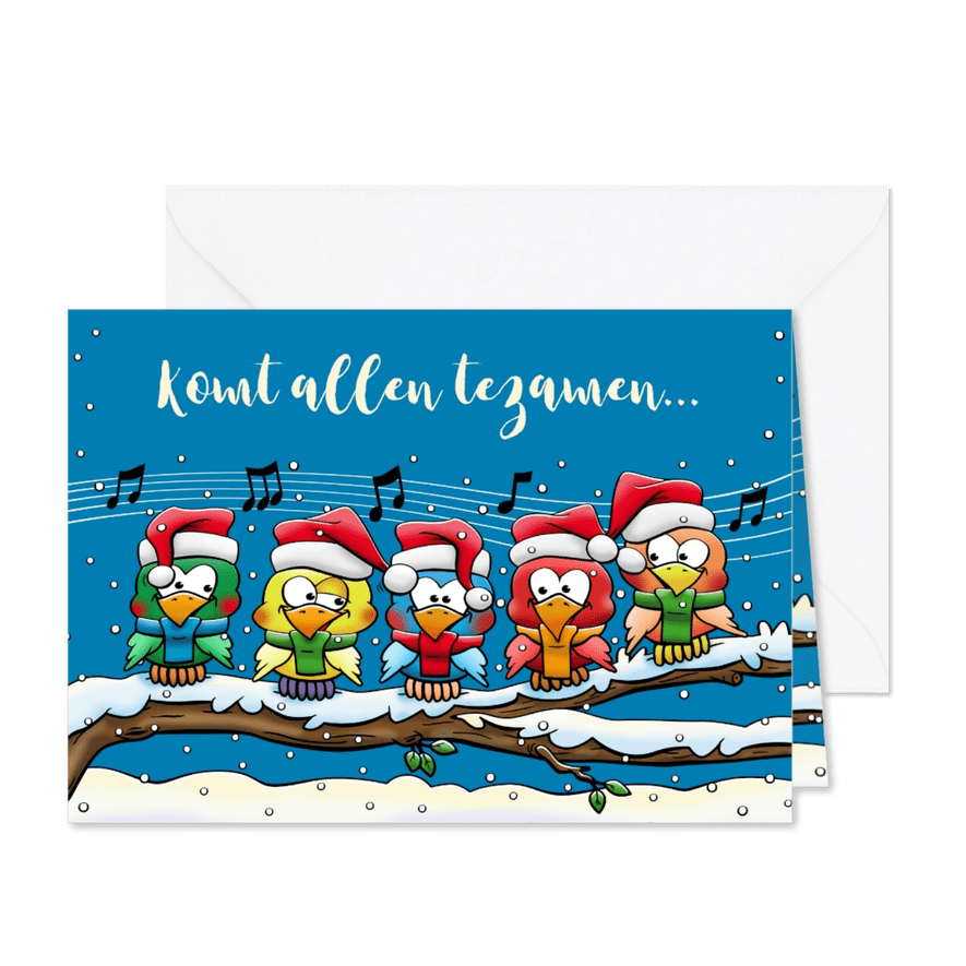 Leuke kerstkaart met 5 zingende vogels op tak in de sneeuw - Kaartimpressie