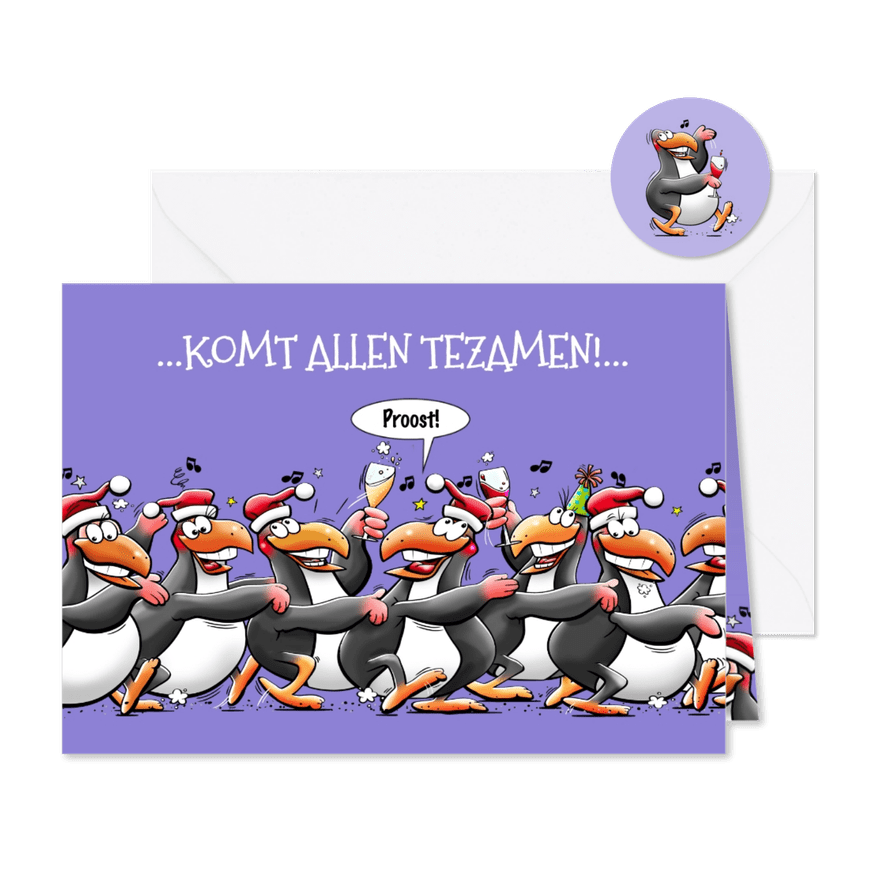 Leuke kerstkaart met 7 pinguïns, die met elkaar proosten - Kaartimpressie