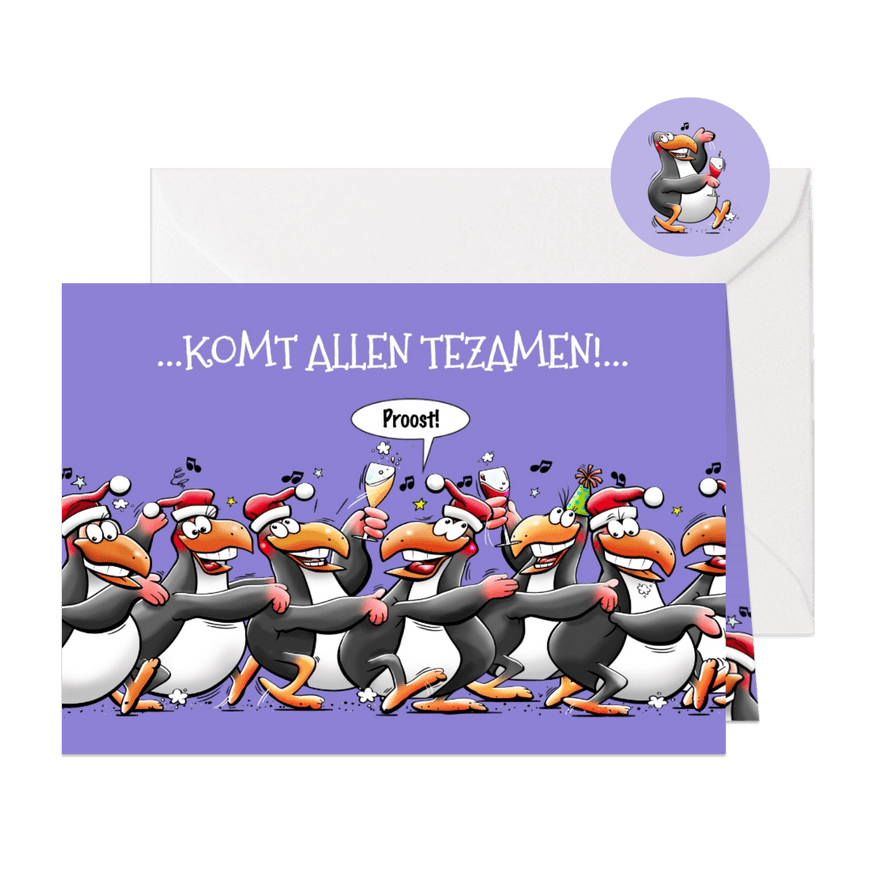 Leuke kerstkaart met 7 pinguïns, die met elkaar proosten - Kaartimpressie