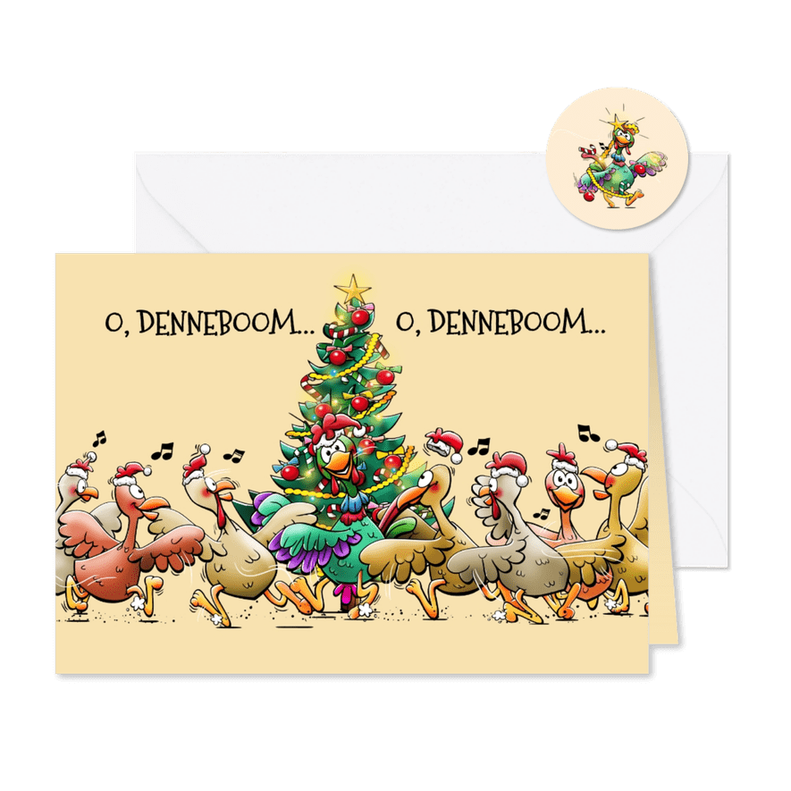 Leuke kerstkaart met 7 stapelgekke hennen en één haan - Kaartimpressie