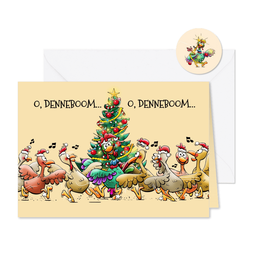 Leuke kerstkaart met 7 stapelgekke hennen en één haan - Kaartimpressie