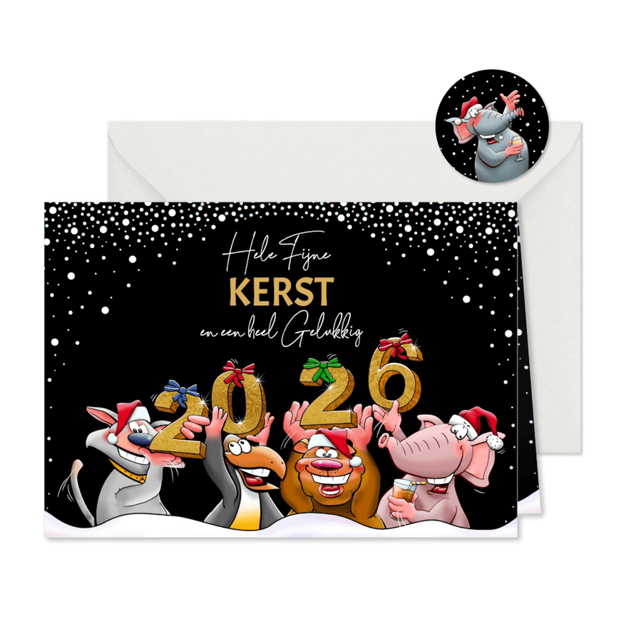 Leuke kerstkaart met diverse dieren en 2026 - Kaartimpressie