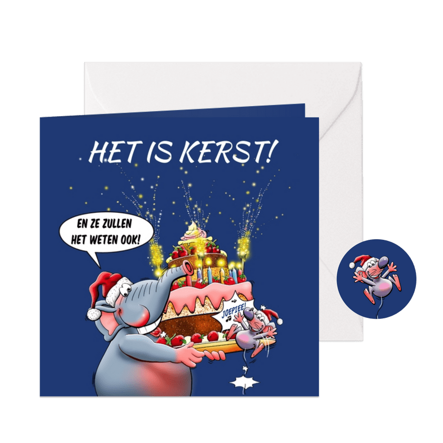 Leuke kerstkaart met een grappige olifant en muis - Kaartimpressie