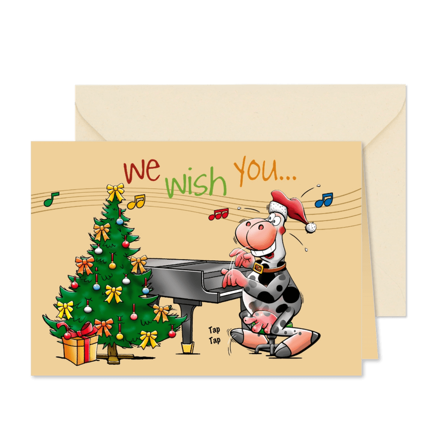 Leuke kerstkaart met een koe die op de piano speelt - Kaartimpressie