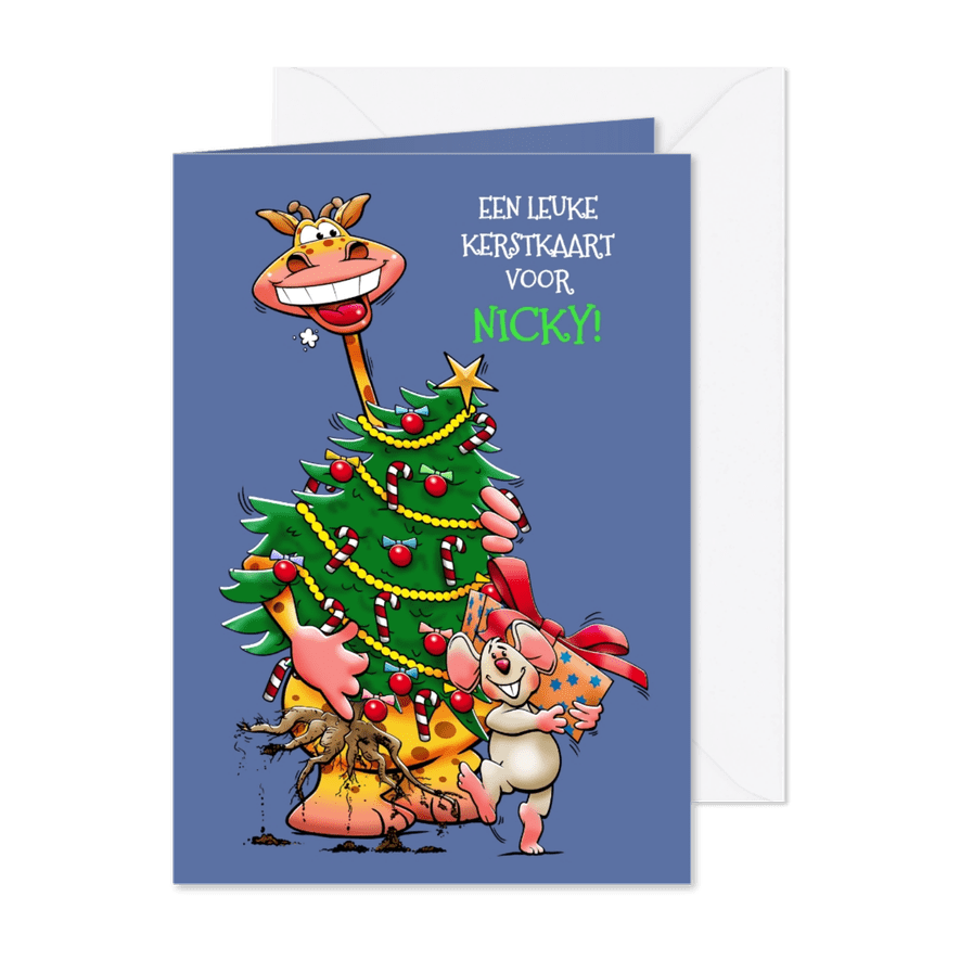 Leuke kerstkaart met giraf en muis met kerstboom en pakje - Kaartimpressie