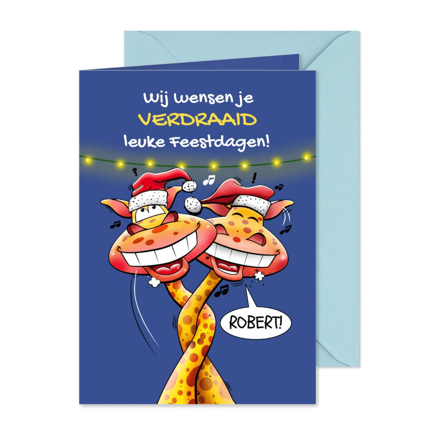 Leuke kerstkaart met giraffen met verdraaide nekken - Kaartimpressie