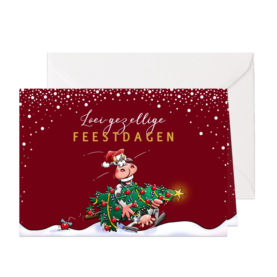 Leuke kerstkaart met grappige koe en kerstboom - Kaartimpressie