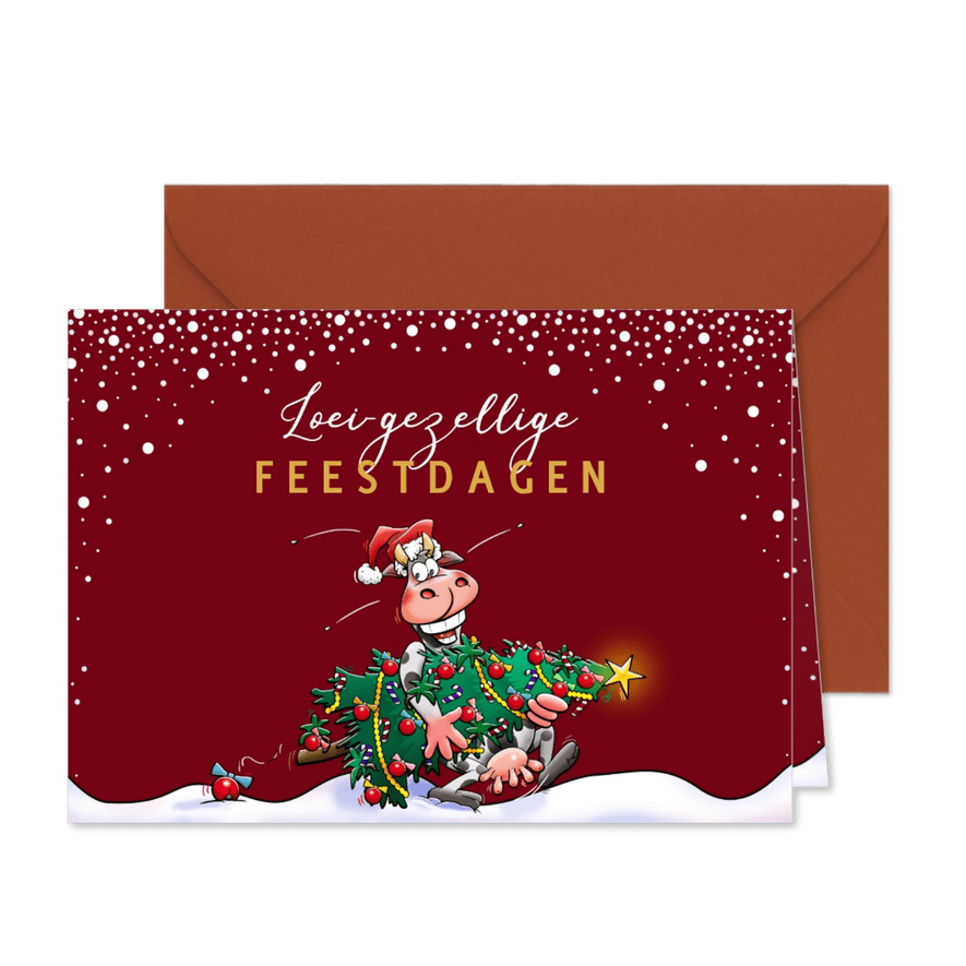 Leuke kerstkaart met grappige koe en kerstboom - Kaartimpressie