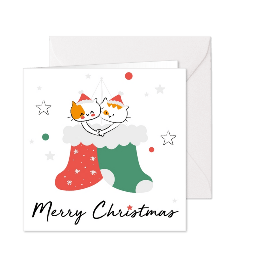 Leuke kerstkaart met katten in kerstsokken - Kaartimpressie