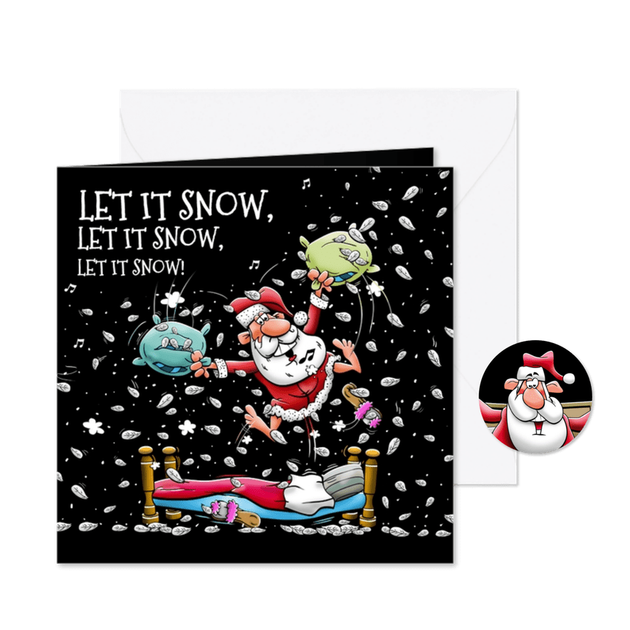 Leuke kerstkaart met kerstman in sneeuw van veren - Kaartimpressie