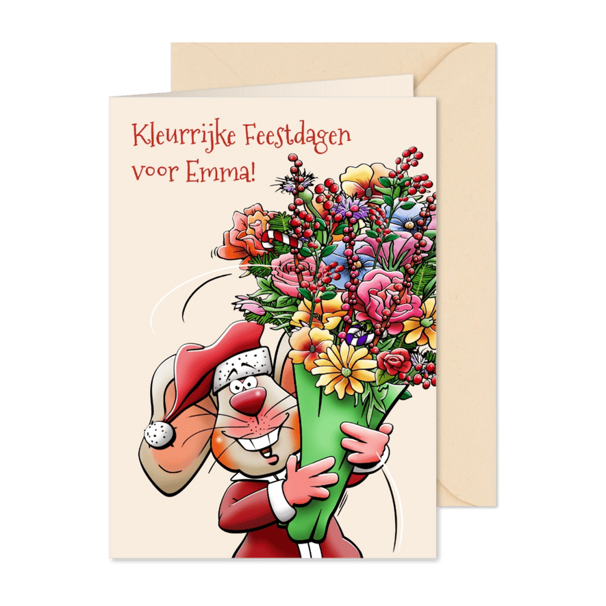 Leuke kerstkaart met muis en bos bloemen - Kaartimpressie