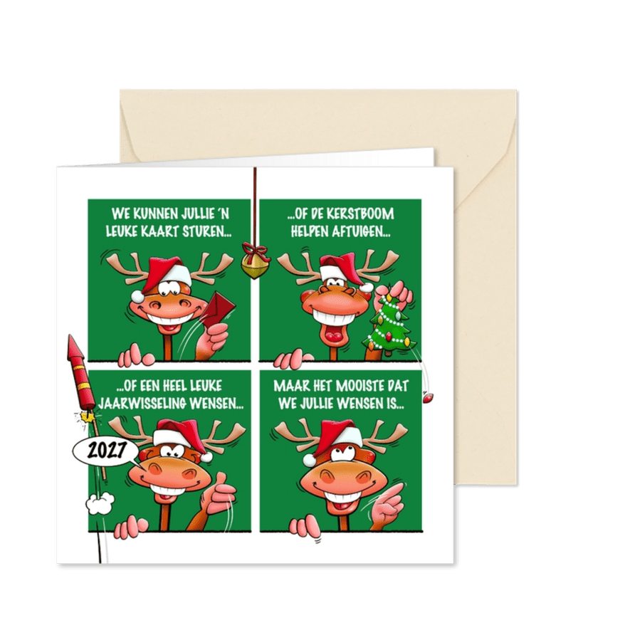 Leuke kerstkaart met rendieren, als stripverhaal - Kaartimpressie
