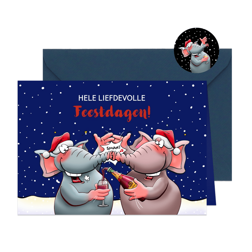 Leuke kerstkaart met twee proostende olifanten - Kaartimpressie