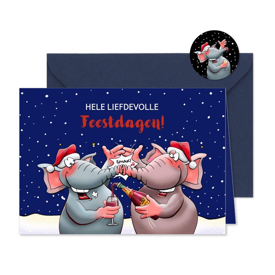 Leuke kerstkaart met twee proostende olifanten - Kaartimpressie