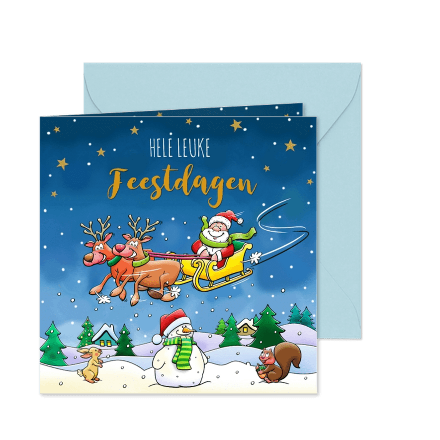 Leuke kerstkaart met vliegende arrenslee en kerstman - Kaartimpressie