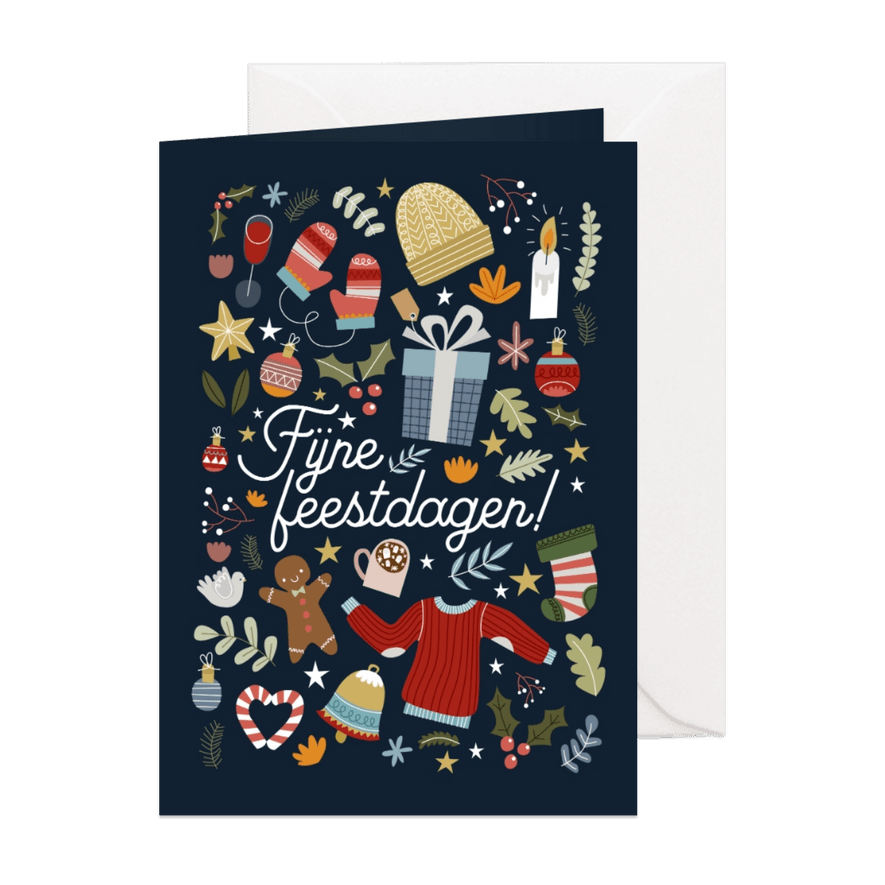 Leuke kerstkaart met vrolijke illustraties en typografie - Kaartimpressie