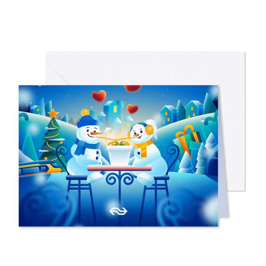 Leuke kerstkaart NS Wintercity sneeuwpopjes aan tafel - Kaartimpressie