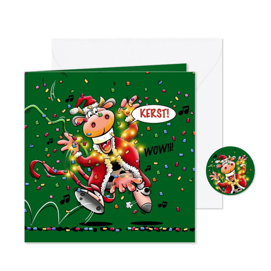 Leuke kerstkaart voor de jarige met dansende koe - Kaartimpressie