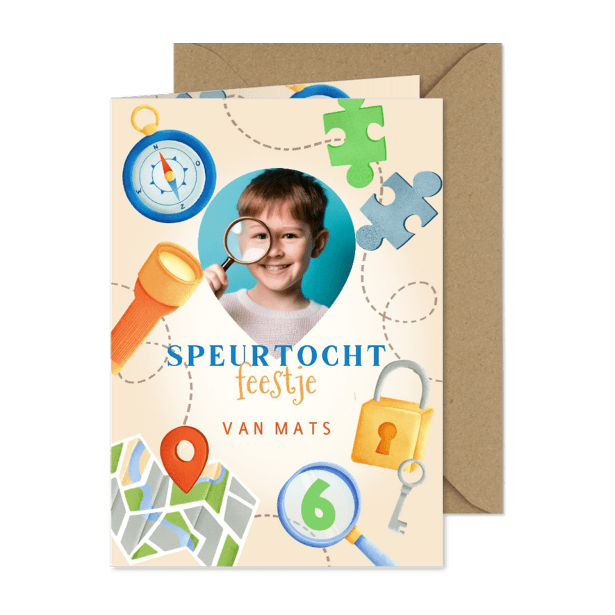 Leuke kinderfeestje kaart speurtocht feestje met foto - Kaartimpressie
