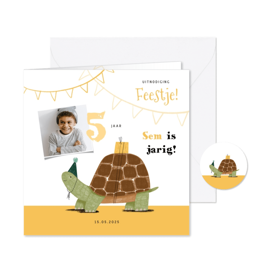 Leuke kinderfeestje uitnodiging schildpad feestje slinger - Kaartimpressie