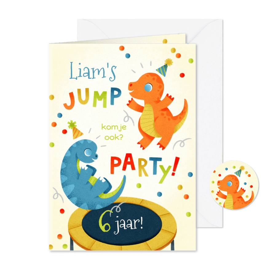 Leuke kinderfeestjekaart jump party met dino's en confetti - Kaartimpressie